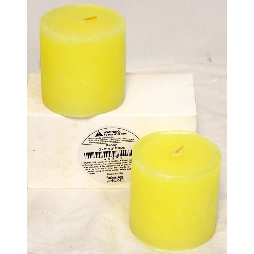 NEW Southern Living 2 Peony Scented Pillar Candles Yellow Short 3" Tall #40571